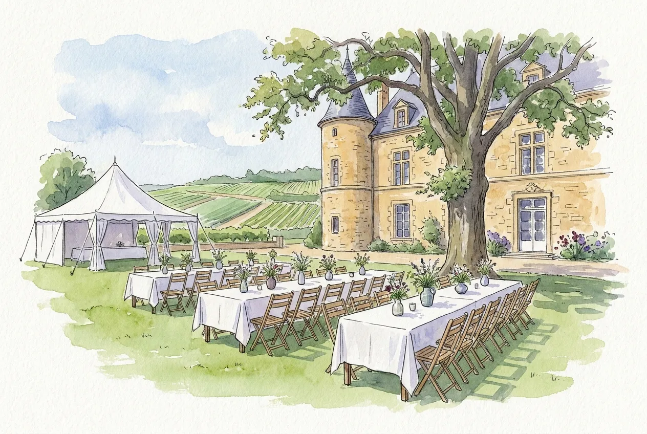 Illustration à l'aquarelle du jardin d'un château en pierre dorée préparé pour une réception de mariage : longues tables nappées de blanc, chaises vides et bouquets sous un grand arbre, un chapiteau blanc et des vignes au loin.
