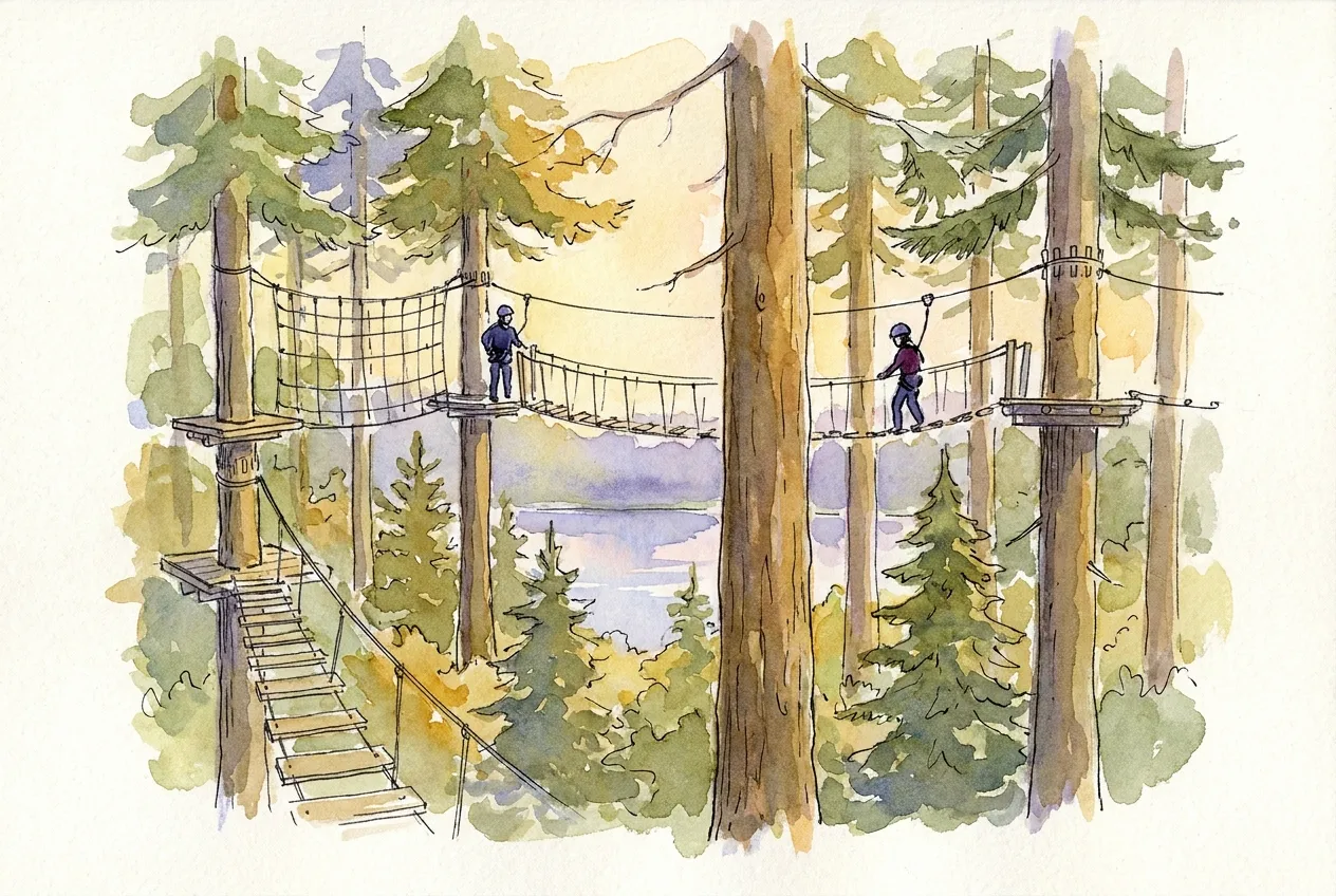Illustration à l'aquarelle d'un parcours d'accrobranche dans une forêt de sapins, avec plateformes, pont de singe, filet et deux grimpeurs casqués, et un lac visible entre les troncs.