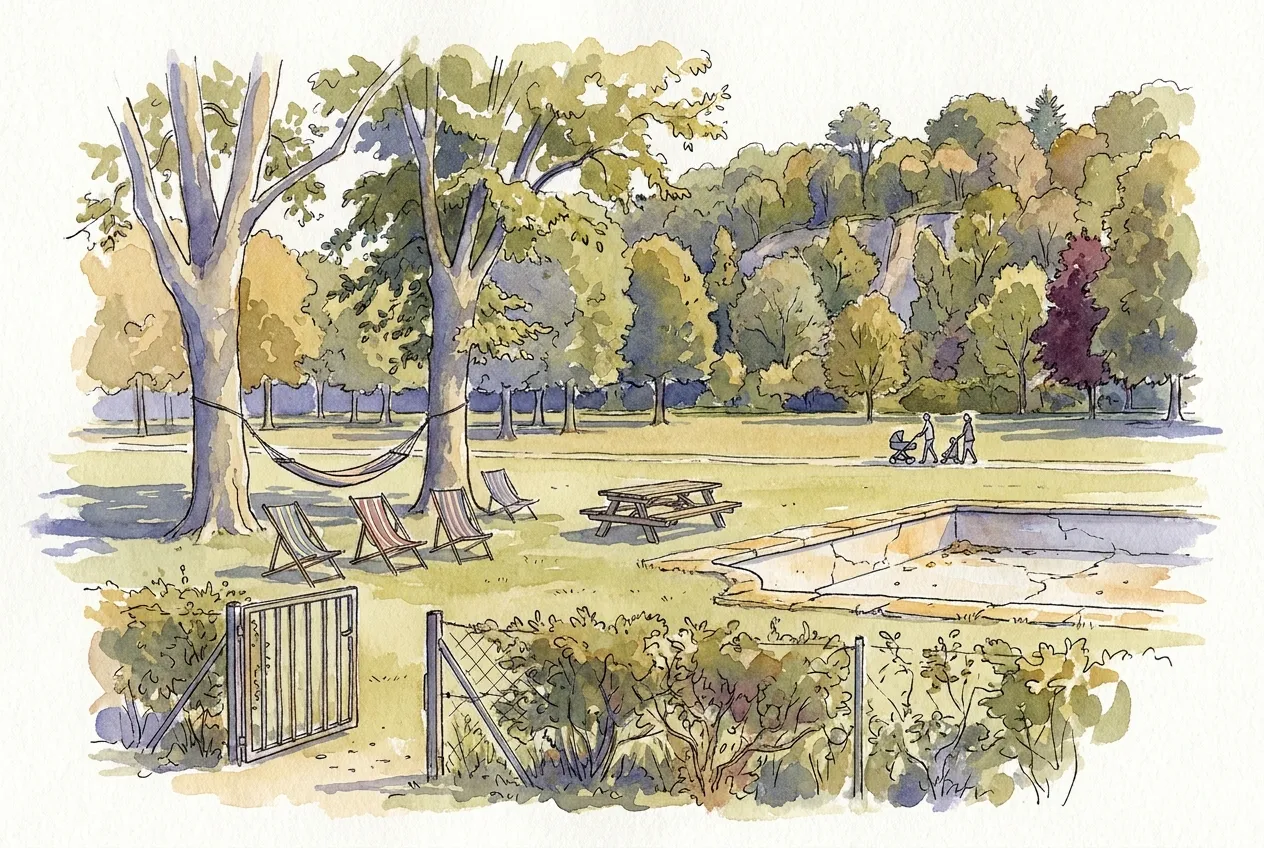 Illustration à l'aquarelle d'une ancienne base aquatique devenue parc : un bassin vide et fissuré, des transats, un hamac et une table de pique-nique sur la pelouse, un portillon fermé au premier plan et un coteau boisé derrière.