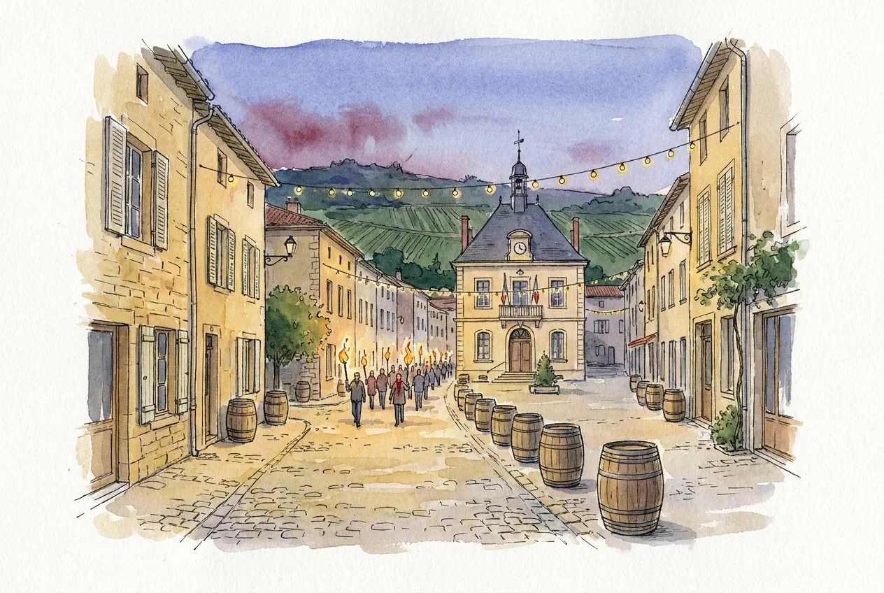 Illustration à l'aquarelle d'une rue de village en pierre dorée au crépuscule : un défilé de petites silhouettes portant des flambeaux avance vers une mairie, entre des tonneaux posés sur les pavés, sous des guirlandes lumineuses et devant des coteaux de vignes.
