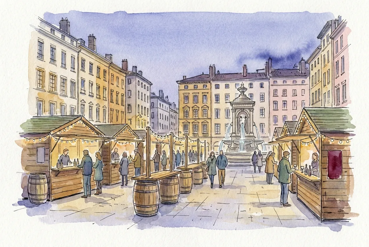 Illustration à l'aquarelle d'une grande place pavée de ville au crépuscule, bordée de hautes façades crème et ocre : des chalets de dégustation en bois éclairés de guirlandes, des tonneaux servant de tables et des promeneurs, devant une fontaine de pierre ornementée.