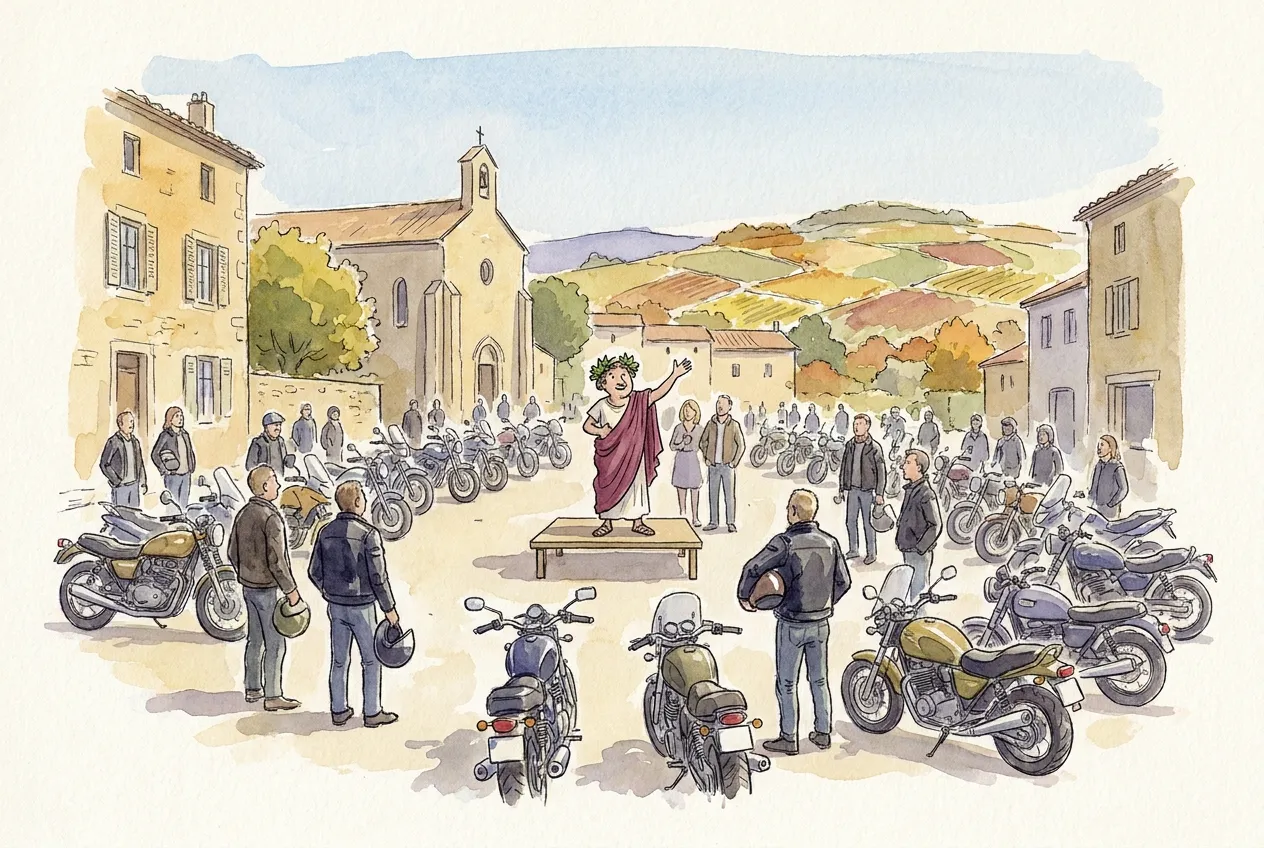 Illustration à l'aquarelle d'une place de village près d'une église de pierre, entourée de collines de vignes d'automne : des dizaines de motos garées et des motards en blouson, casque à la main, rassemblés autour d'une petite estrade où un personnage costumé en Bacchus, couronné de feuilles de vigne et drapé de rouge, lève la main.