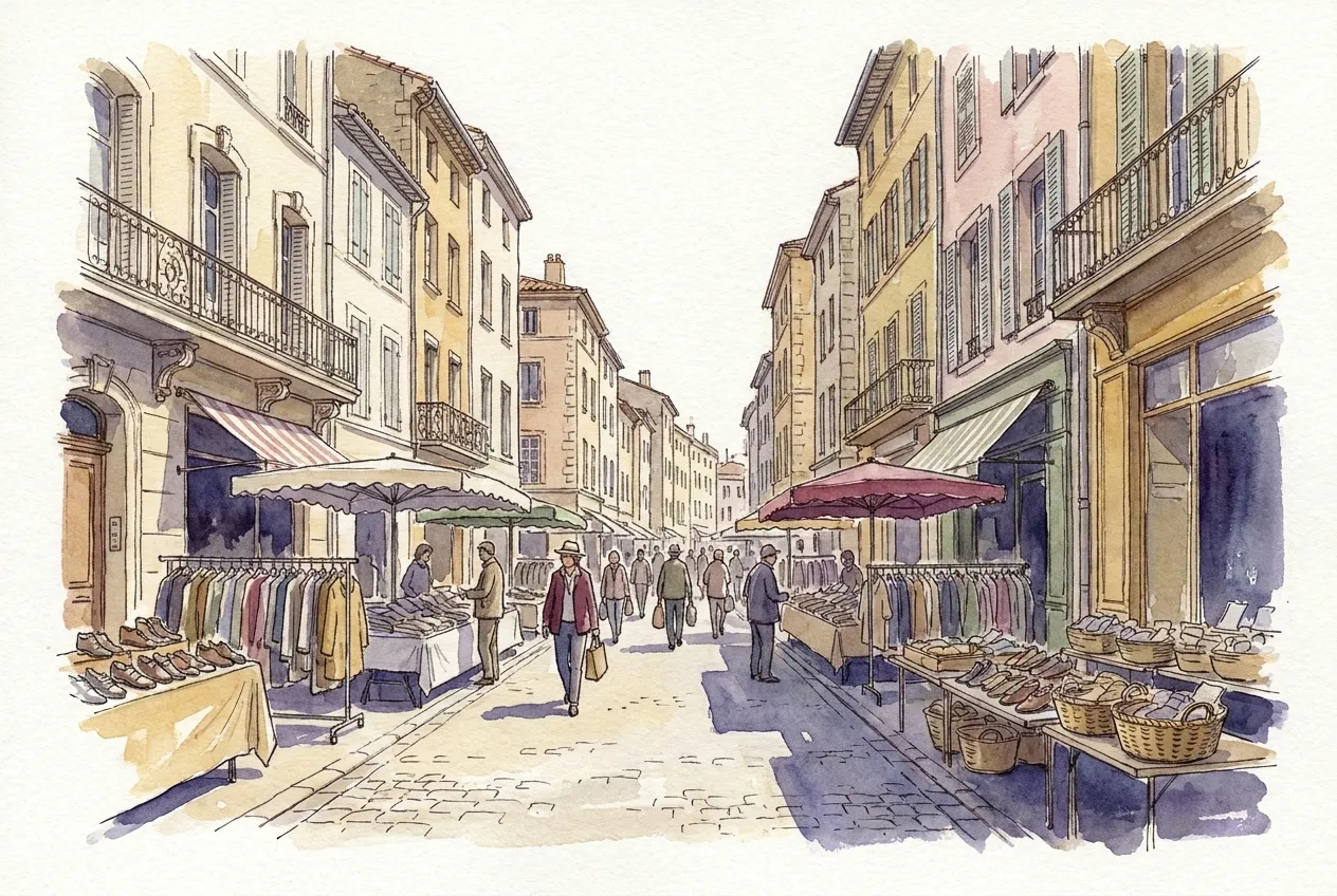 Illustration à l'aquarelle d'une longue rue commerçante piétonne bordée de hautes façades à balcons en fer forgé : devant les boutiques, des portants de vêtements, des tables de chaussures et des paniers sous des parasols, et des passants qui flânent au milieu de la chaussée pavée.