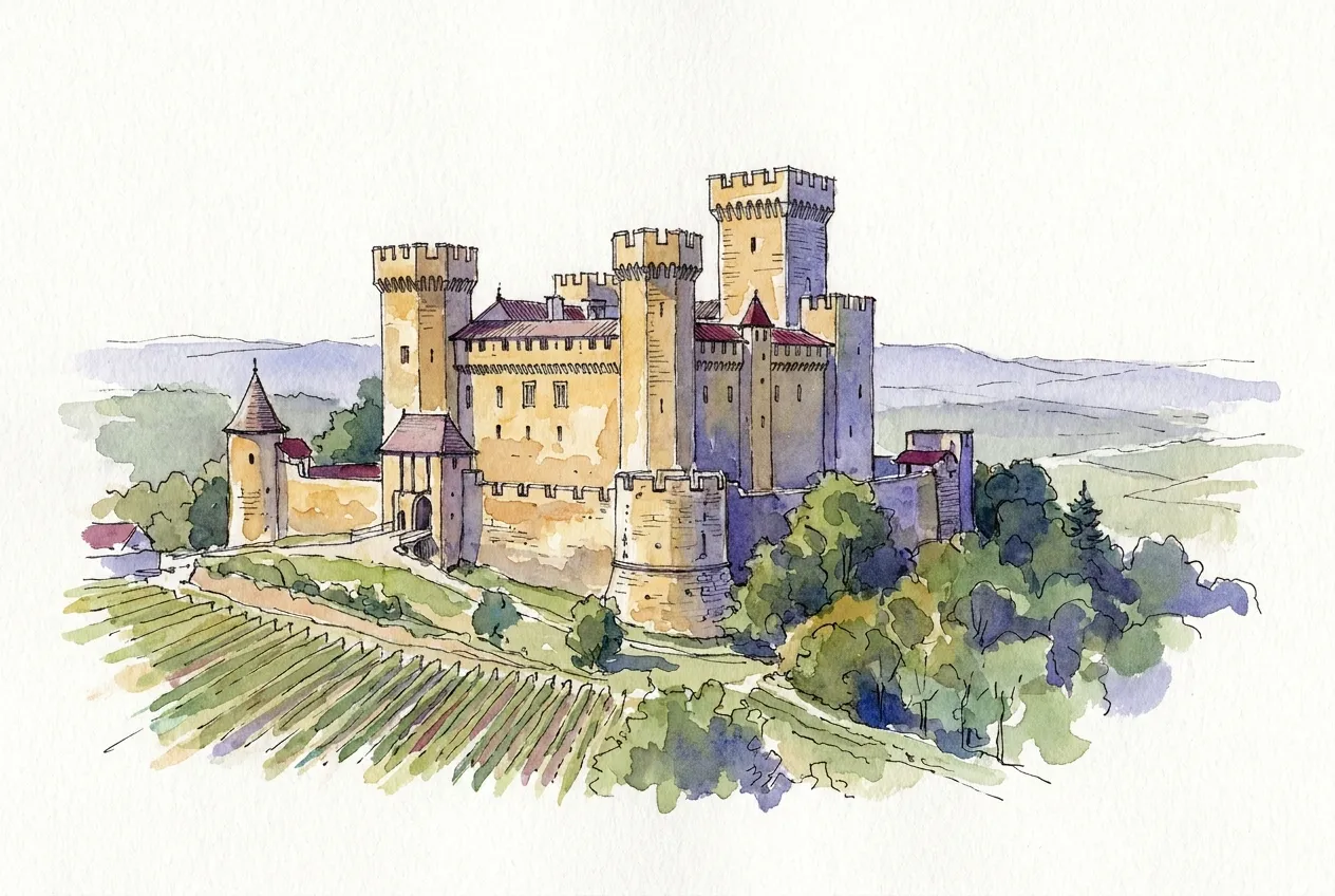 Illustration à l'aquarelle d'un château fort aux tours crénelées en pierre ocre, dressé sur une butte boisée au-dessus de rangs de vignes, avec des collines bleutées à l'horizon.