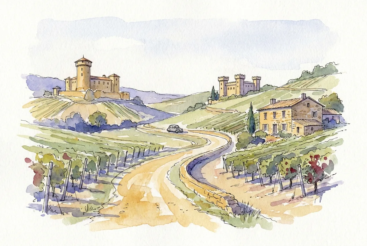 Illustration à l'aquarelle d'une route sinueuse entre les vignes, parcourue par une petite voiture, avec au loin un château à donjon rond, un autre aux tours crénelées et une demeure en pierre au milieu des coteaux.