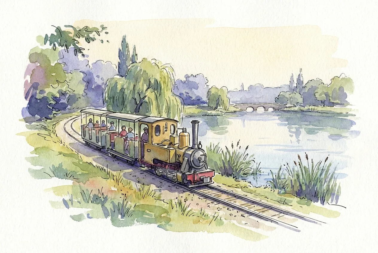 Illustration à l'aquarelle d'un petit train miniature tiré par une locomotive à vapeur jaune, avec des voyageurs dans des voitures ouvertes, roulant sur une voie étroite au bord d'un plan d'eau bordé de saules et de roseaux.
