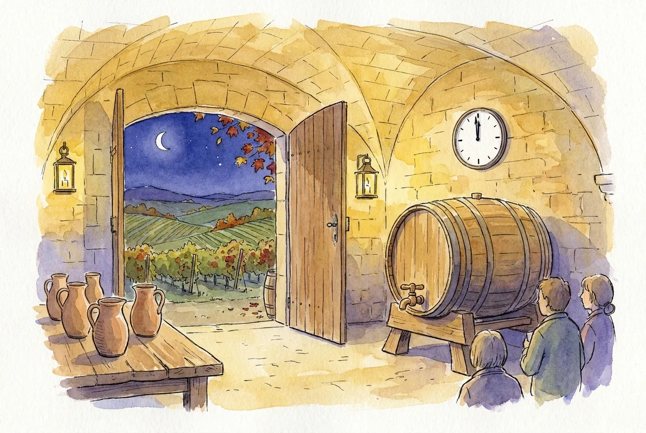 Illustration à l'aquarelle d'une cave voûtée en pierre dorée, la nuit : un fût de chêne sur son chevalet, des pichets en terre sur une table, une horloge murale dont les aiguilles marquent minuit, et trois personnes de dos qui attendent ; par la porte ouverte, les vignes d'automne sous un croissant de lune.