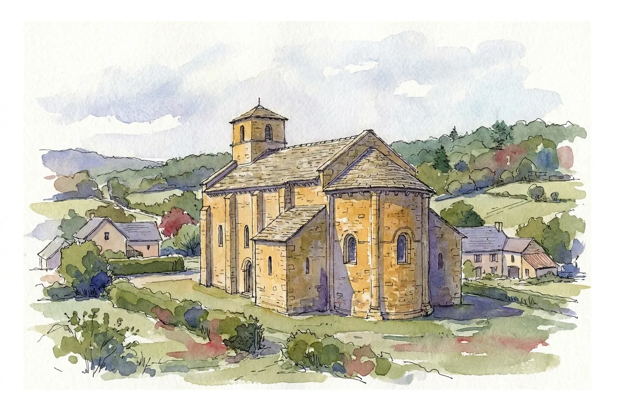 Illustration à l'aquarelle d'une petite église romane en pierre avec abside arrondie, clocher carré sur la croisée et fenêtres en plein cintre, entourée de quelques fermes et de collines boisées.