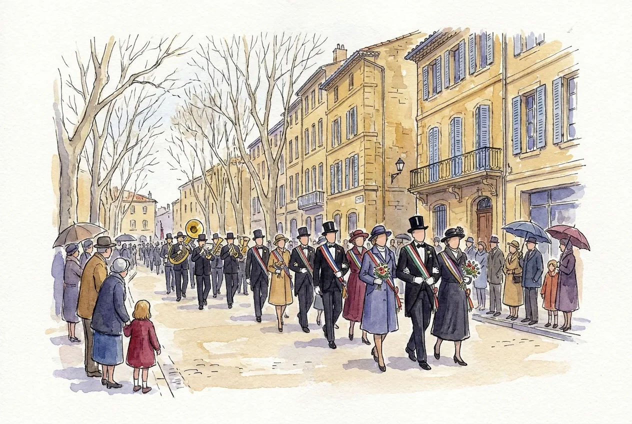 Illustration à l'aquarelle d'un défilé de conscrits dans une rue de ville en hiver, entre platanes nus et hautes façades de pierre dorée : des hommes en costume noir et haut-de-forme et des femmes en manteau et chapeau, écharpe de couleur en travers de la poitrine et bouquet à la main, marchent derrière une fanfare, sous le regard de passants munis de parapluies.