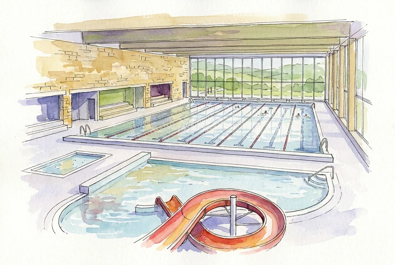 Illustration à l'aquarelle d'un aqua-centre : au premier plan un bassin de loisir avec un toboggan rouge et une petite pataugeoire, derrière un large bassin sportif à lignes d'eau et une baie vitrée ouverte sur la campagne vallonnée.