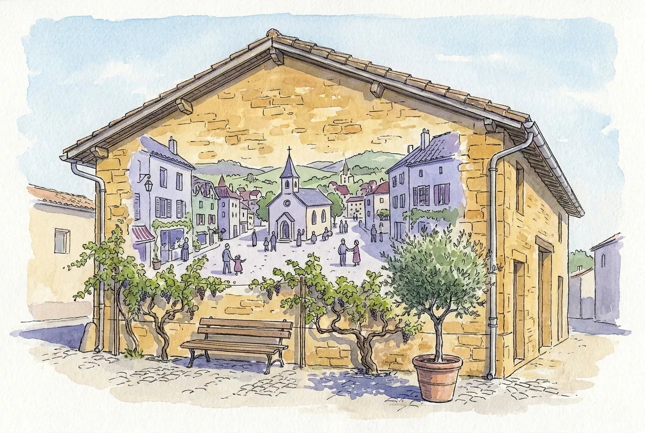 Illustration à l'aquarelle d'un pignon de maison en pierre dorée couvert d'une fresque naïve montrant une rue de village animée autour d'une église, devant laquelle se trouvent des vignes, un banc et un arbre en pot.