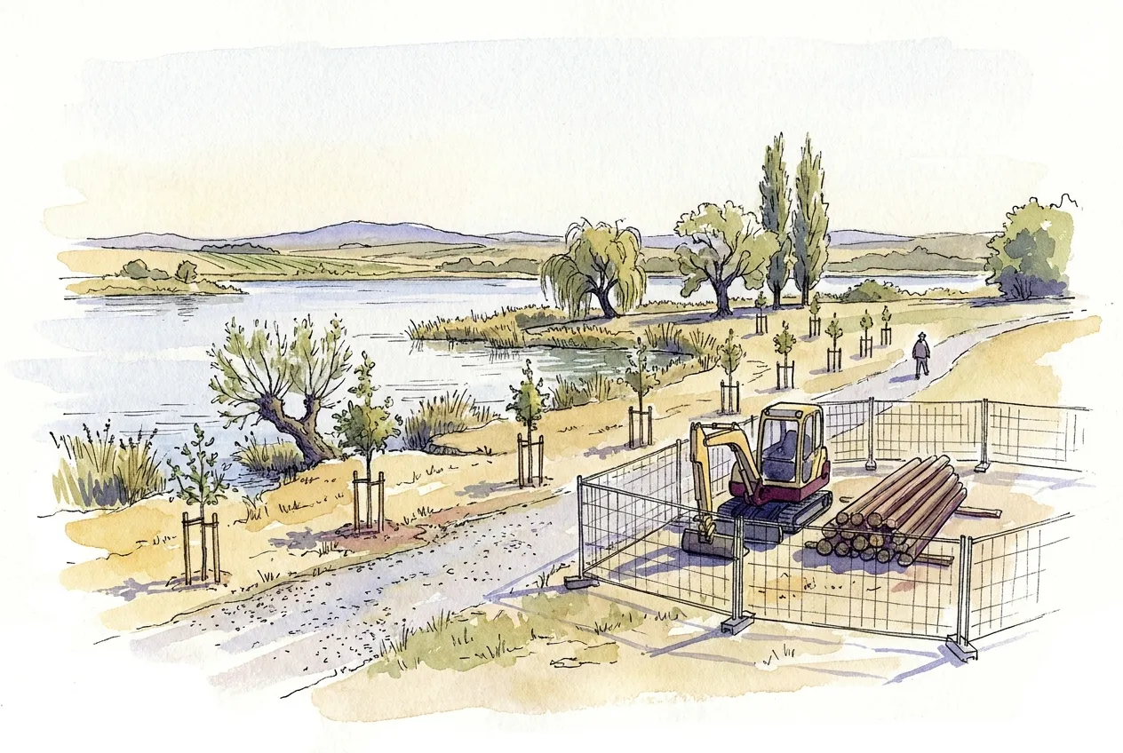 Illustration à l'aquarelle d'un lac en réaménagement comme celui des Sablons : de jeunes arbres tuteurés le long d'un chemin de gravier, une mini-pelle et des rondins derrière des barrières de chantier, une rive de roseaux sans aucun baigneur.