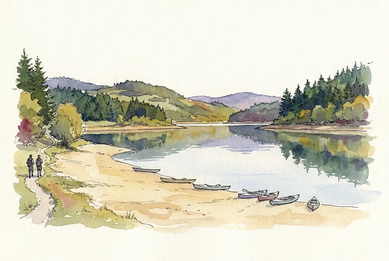 Illustration à l'aquarelle du lac des Sapins : une plage de sable déserte où reposent des kayaks vides, l'eau calme sans baigneurs, des collines couvertes de sapins et deux promeneurs sur le sentier du bord.