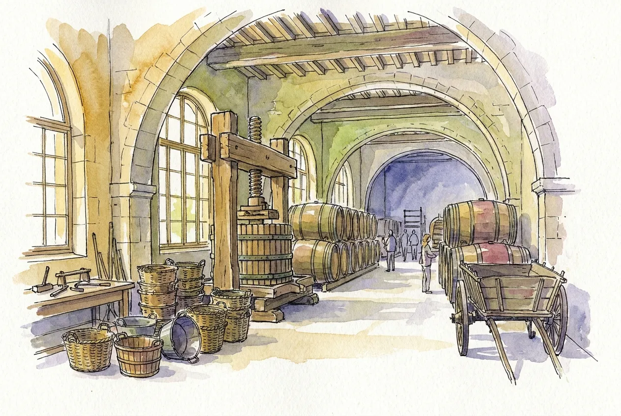 Illustration à l'aquarelle d'une grande salle de musée voûtée en pierre, sous un plafond à poutres : un ancien pressoir à vis en bois, des rangées de tonneaux, des paniers de vendange, des outils de tonnelier sur un établi et une charrette en bois, avec quelques visiteurs au fond.