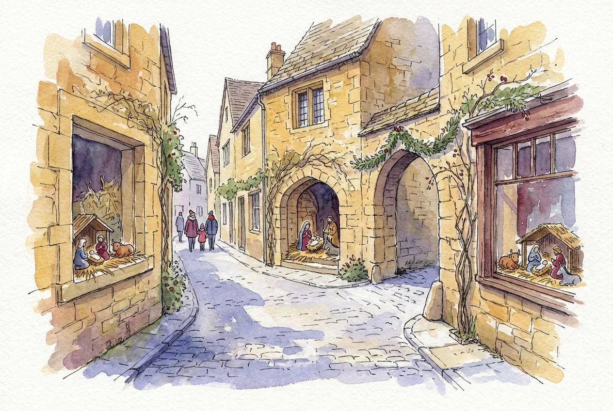 Illustration à l'aquarelle d'une ruelle pavée en pierre dorée en hiver, où des crèches de Noël sont exposées dans une fenêtre, sous un porche voûté et dans une vitrine, sous des guirlandes de verdure, avec quelques promeneurs au loin.