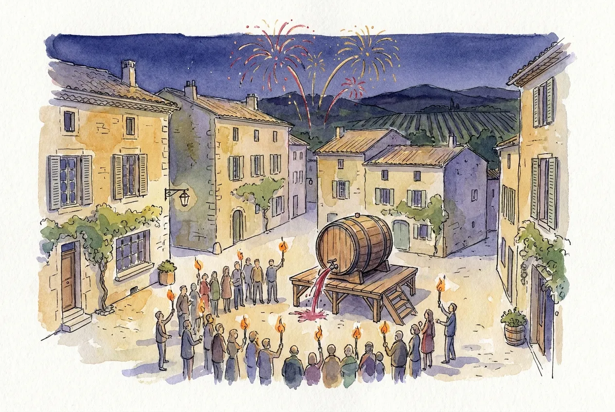 Illustration à l'aquarelle d'une place de village en pierre, de nuit : un grand tonneau posé sur une estrade en bois laisse couler le vin nouveau, entouré d'une foule qui brandit des flambeaux, tandis qu'un feu d'artifice rouge et or éclate au-dessus des toits et des collines de vignes.