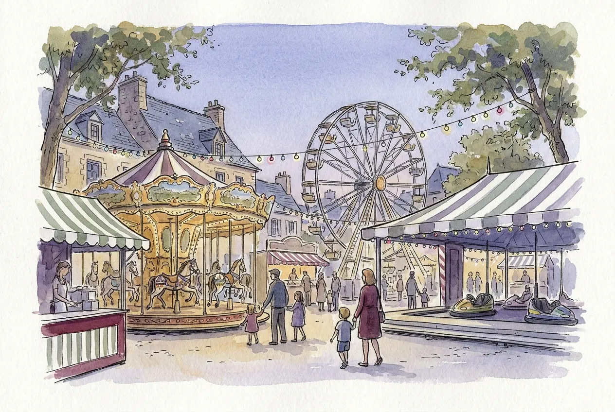 Illustration à l'aquarelle d'une fête foraine au crépuscule au milieu de maisons de ville en pierre : un manège de chevaux de bois doré, une grande roue, une piste d'autos tamponneuses sous un auvent rayé et une baraque de confiserie, avec des familles et des enfants qui se promènent sous des guirlandes lumineuses.