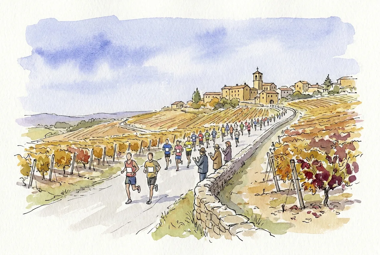 Illustration à l'aquarelle d'une file de coureurs sur une petite route qui serpente entre des vignes aux feuilles jaunes et rouges, avec quelques spectateurs qui applaudissent le long d'un muret de pierre et un village perché avec son clocher à l'horizon.