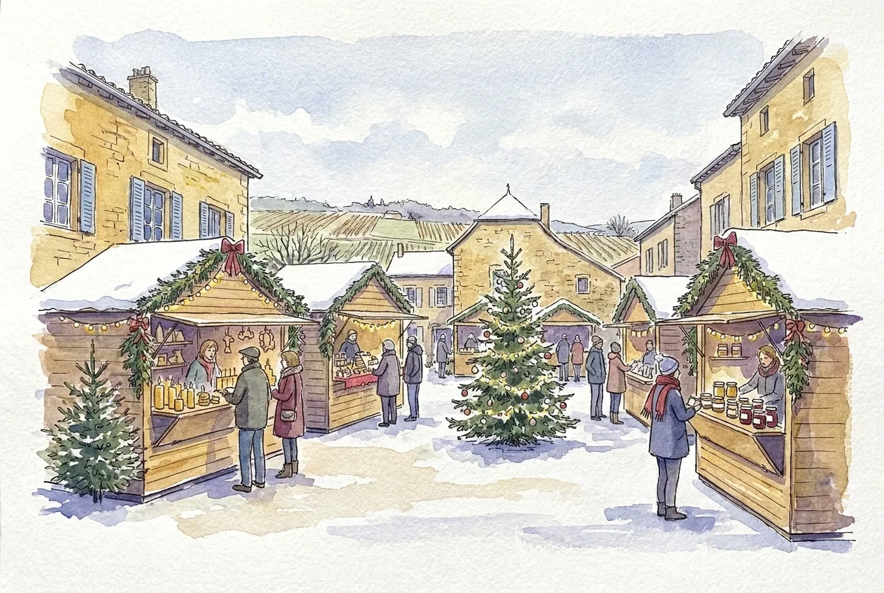 Illustration à l'aquarelle d'un marché de Noël sur une place de village en pierre dorée, sous une légère neige : des chalets en bois décorés de guirlandes de sapin et de nœuds rouges vendent pots de confiture, bougies et objets artisanaux autour d'un grand sapin décoré, avec des vignes enneigées sur les collines.