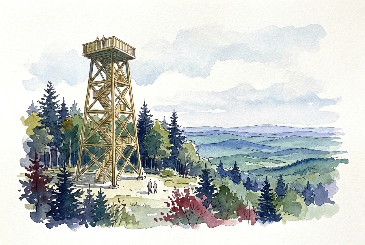 Illustration à l'aquarelle d'une haute tour d'observation en bois à charpente croisée dans une clairière de sapins, deux marcheurs à son pied, face à un vaste panorama de collines bleutées.