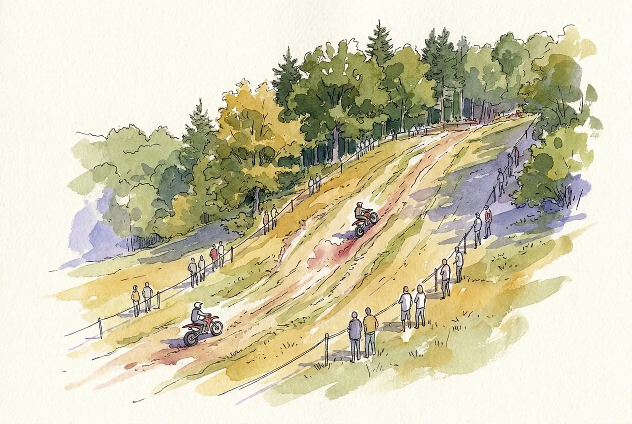 Illustration à l'aquarelle de deux motos tout-terrain gravissant une pente herbeuse très raide bordée d'une corde, avec des spectateurs dispersés sur les côtés et une forêt au sommet.