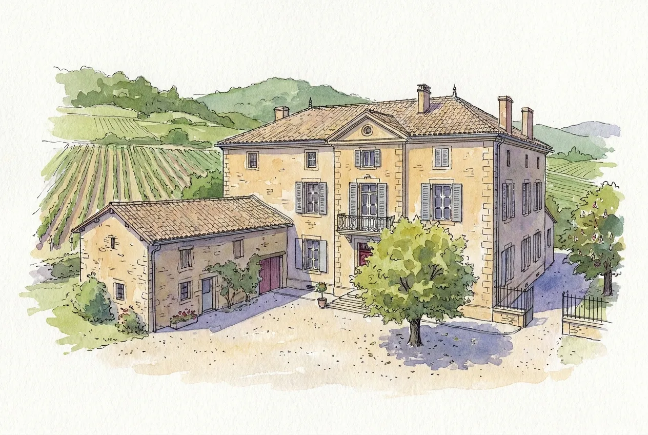 Illustration à l'aquarelle d'une maison de maître en pierre ocre aux volets gris-bleu, flanquée d'une maison rurale plus basse, autour d'une cour gravillonnée ombragée, devant des coteaux de vignes.