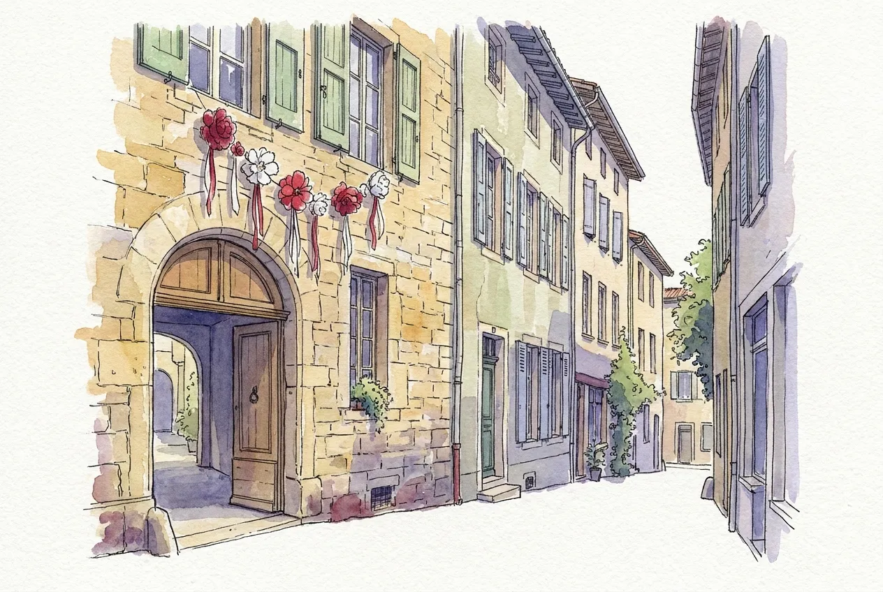 Illustration à l'aquarelle d'une rue étroite de centre-ville aux façades à volets, où un porche en pierre à porte de bois cintrée est orné de fleurs en papier rouges et blanches à rubans.
