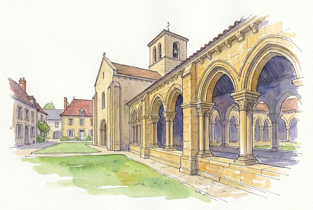 Illustration à l'aquarelle d'une galerie de cloître en pierre dorée aux arcs en plein cintre sur colonnes jumelées, accolée à une église romane à clocher carré, face à une pelouse et à des maisons anciennes.