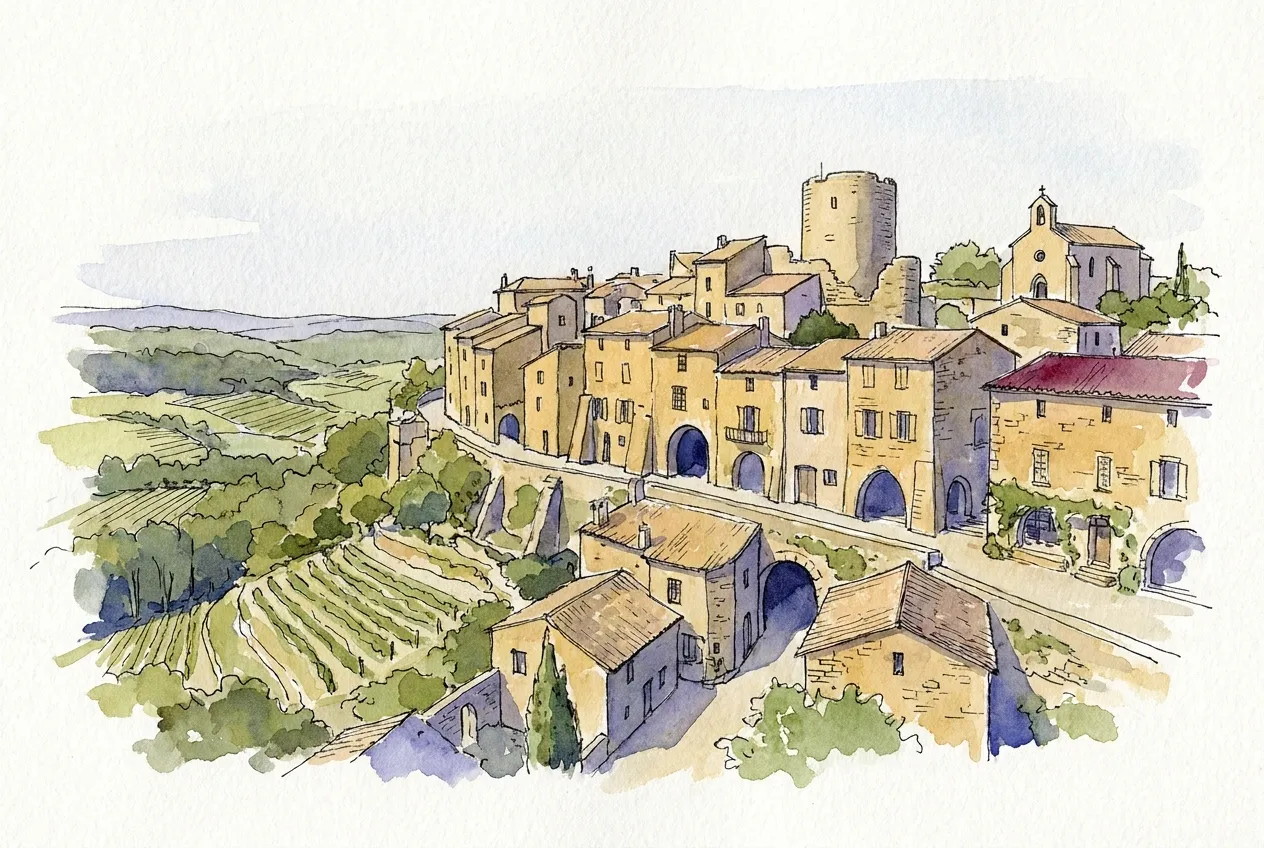 Illustration à l'aquarelle d'un village médiéval en pierre dorée perché sur une crête, dominé par un donjon cylindrique et une petite église, avec des maisons à arcades au-dessus de coteaux de vignes et d'une vallée verte.