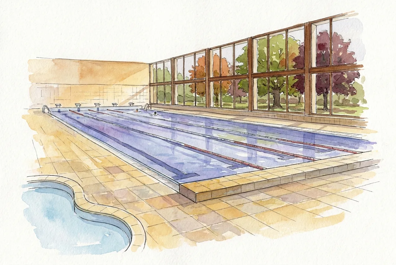 Illustration à l'aquarelle d'une piscine couverte : un bassin de nage à lignes d'eau le long d'une verrière donnant sur un parc aux arbres d'automne, un petit bassin d'apprentissage arrondi au premier plan et deux nageurs au loin.