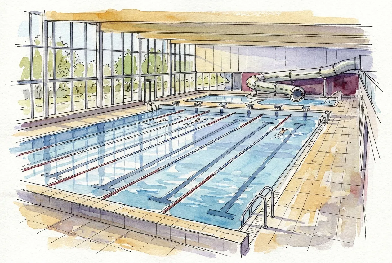 Illustration à l'aquarelle d'un centre aquatique couvert : un bassin sportif à lignes d'eau devant une grande baie vitrée ouverte sur des arbres, un toboggan tubulaire et un bassin ludique au fond, trois nageurs au loin.