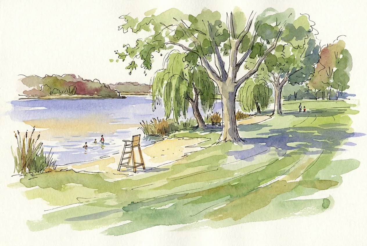 Illustration à l'aquarelle d'un plan d'eau comme le Bordelan : une petite plage au pied de grands arbres et de saules pleureurs, une chaise de surveillant en bois, trois baigneurs au loin et de larges pelouses ombragées.