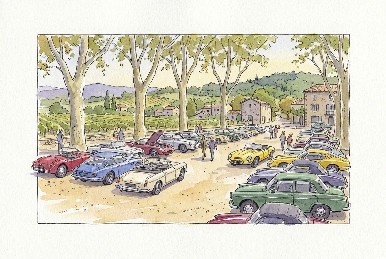 Illustration à l'aquarelle d'une esplanade de gravier ombragée de platanes où sont garées des voitures anciennes et sportives de toutes les couleurs, cabriolets et coupés, dont une au capot ouvert, avec quelques passionnés qui se promènent entre elles et des collines de vignes et de bois derrière.