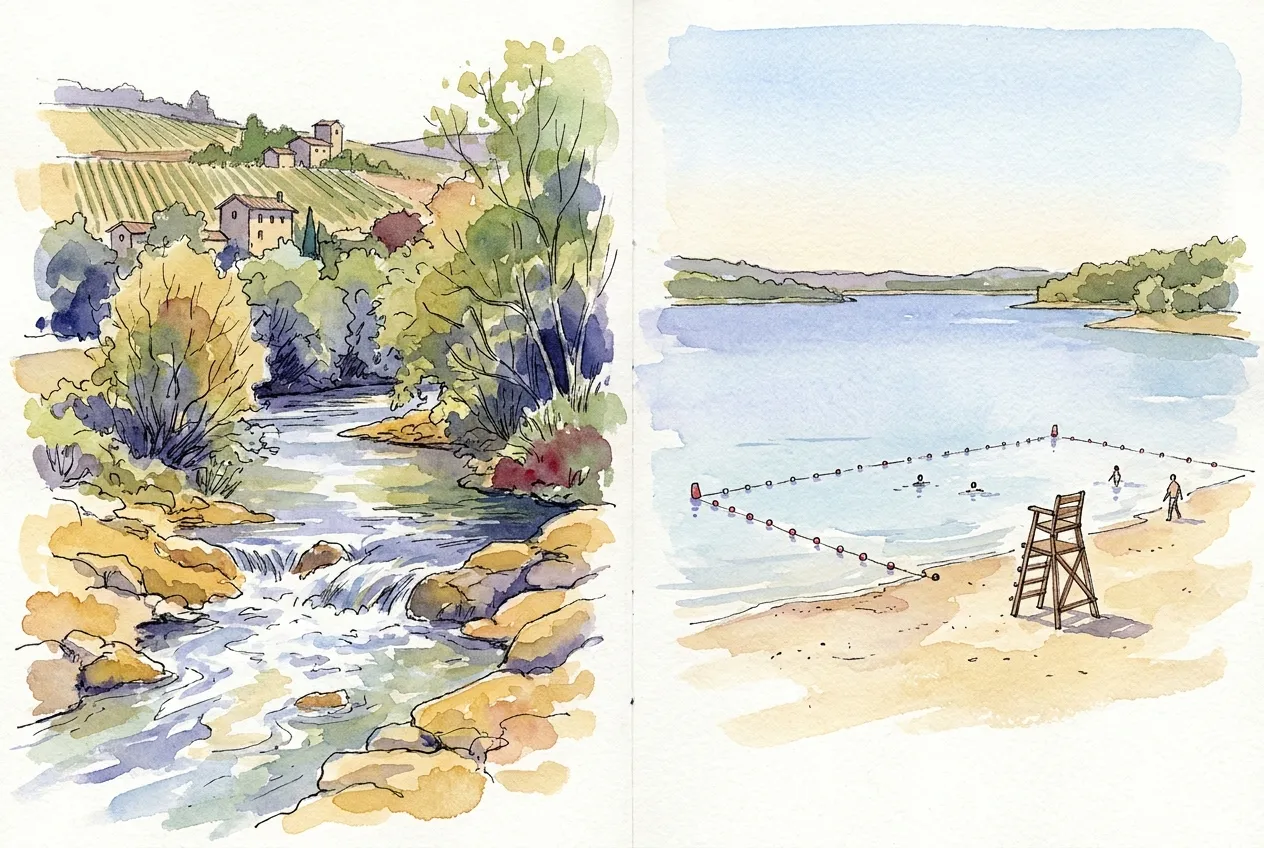 Illustration à l'aquarelle en deux vignettes : à gauche une rivière rapide entre rochers et coteaux de vigne, sans personne dans l'eau ; à droite un plan d'eau avec zone de baignade balisée par des bouées et une chaise de surveillant.