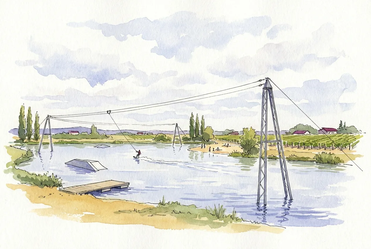 Illustration à l'aquarelle d'un téléski nautique sur un plan d'eau : des pylônes métalliques portant le câble de traction, un wakeboarder tiré au loin, un module flottant, un ponton en bois et une petite plage sur la rive opposée.