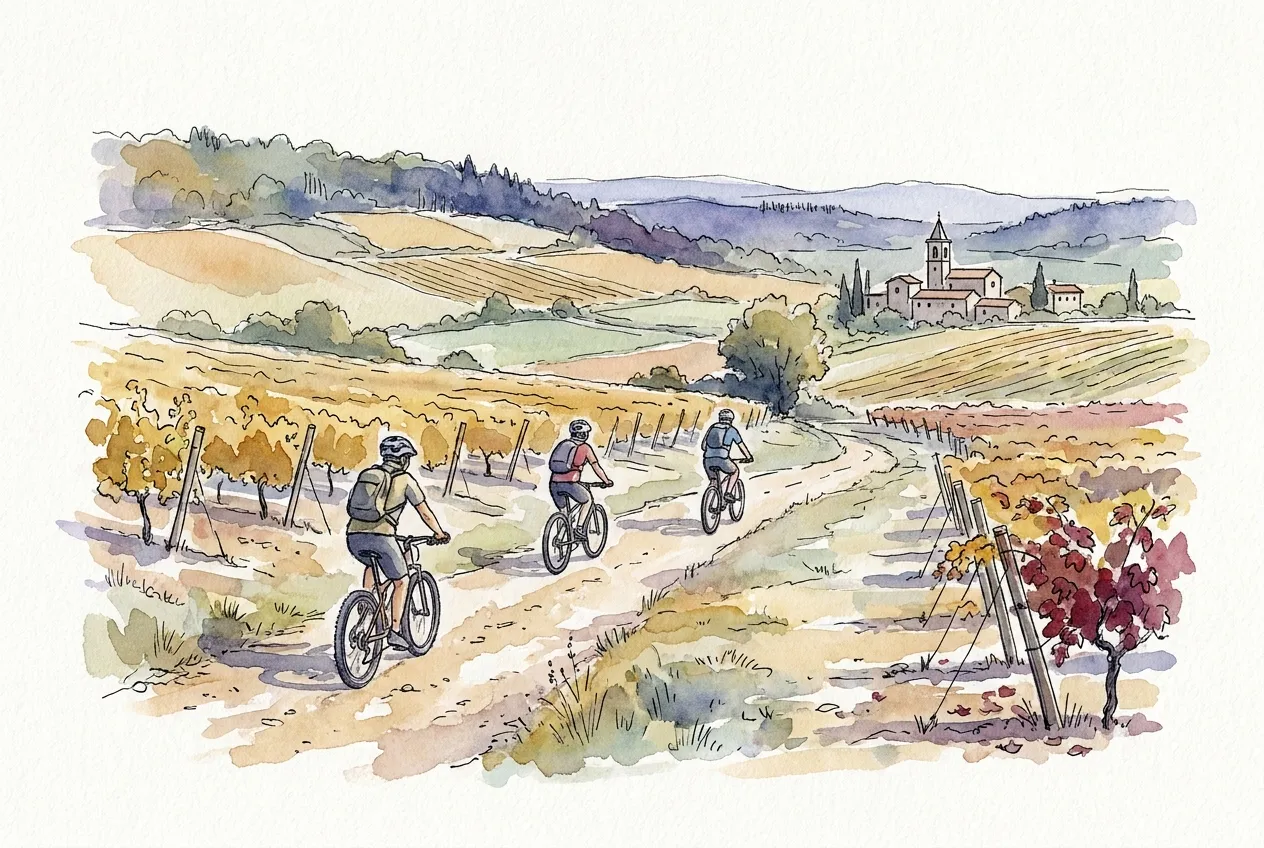 Illustration à l'aquarelle de trois vététistes casqués roulant sur une piste de terre entre des vignes jaunies d'automne, avec au loin un village et son clocher sur les collines.