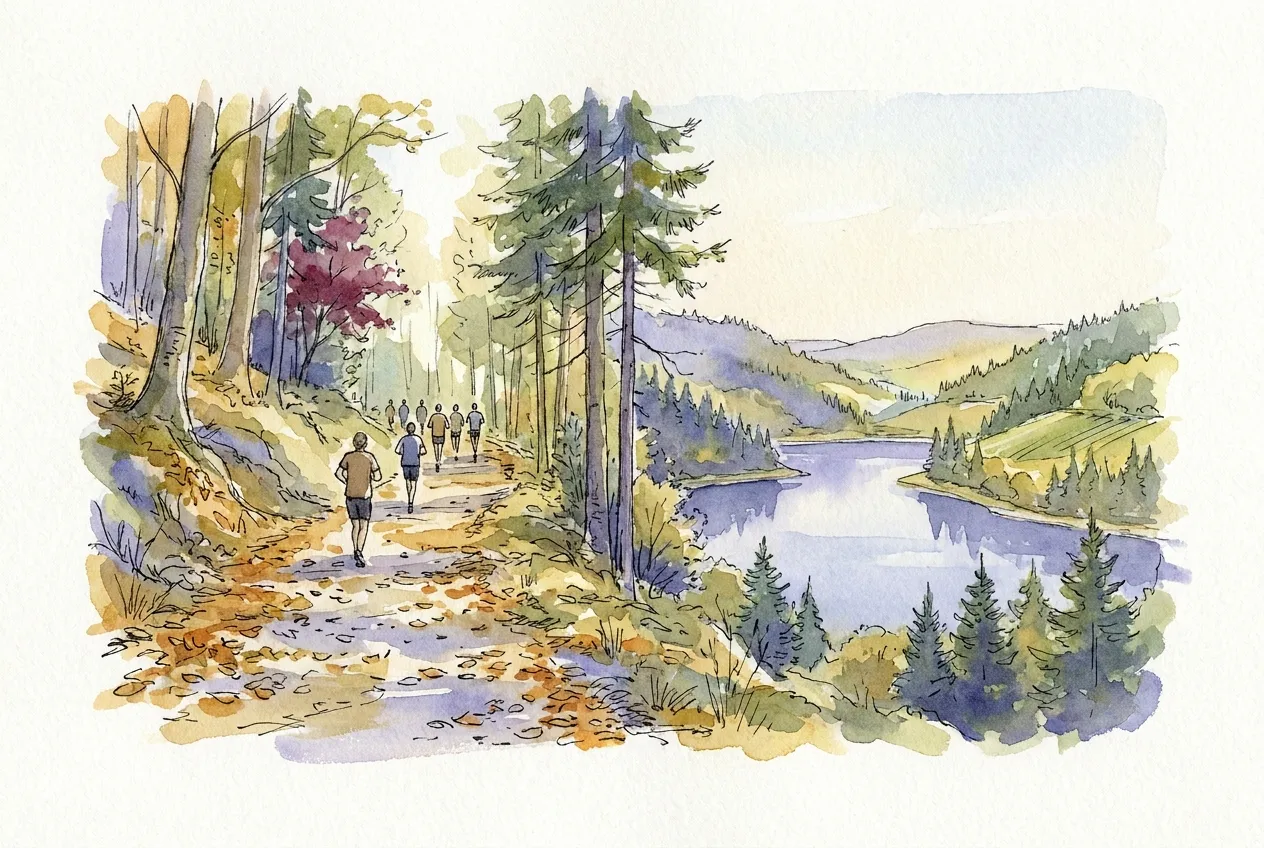 Illustration à l'aquarelle d'une file de coureurs de trail vus de dos sur un chemin forestier couvert de feuilles d'automne, entre sapins et feuillus roux, au-dessus d'un lac entouré de collines boisées.
